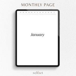 May include: A digital monthly calendar template with the month of January highlighted. The calendar is displayed on a tablet screen with a black frame.