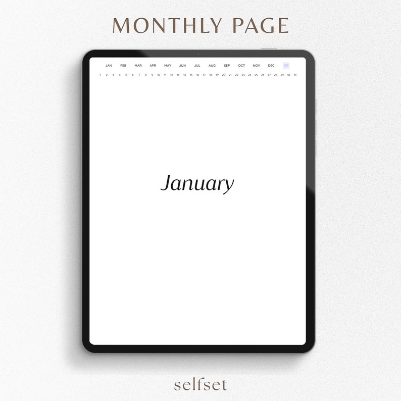 May include: A digital monthly calendar template with the month of January highlighted. The calendar is displayed on a tablet screen with a black frame.