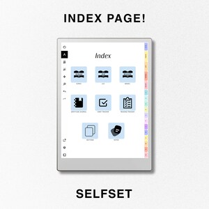 May include: A digital planner app interface with the title "Index" and icons for different sections, including "Gratitude Journal", "Habit Tracker", "Reading Tracker", "Sections", and "Notes".
