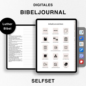Könnte beinhalten: Digitales Bibeljournal mit einem Inhaltsverzeichnis mit Symbolen für verschiedene Abschnitte, darunter das Alte Testament, das Neue Testament und Schriftnotizen. Das Journal ist für die Verwendung mit der Lutherbibel konzipiert.
