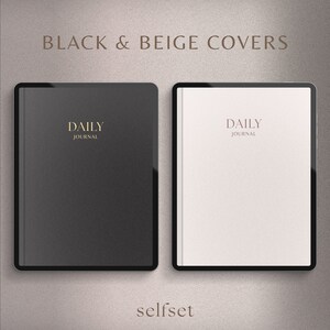 Puede incluir: Dos fundas para tablet, una negra y otra beige, con el texto "DAILY JOURNAL" en cada una.