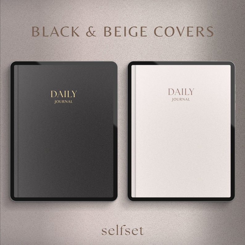 Puede incluir: Dos fundas para tablet, una negra y otra beige, con el texto "DAILY JOURNAL" en cada una.