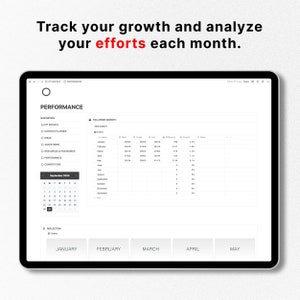 Puede incluir: Una captura de pantalla de una computadora que muestra un panel de control de un sitio web para realizar un seguimiento del rendimiento de las redes sociales. El panel de control incluye un calendario, una tabla con datos de crecimiento de seguidores y botones para cada mes del a&ntilde;o. El texto "Haz un seguimiento de tu crecimiento y analiza tus esfuerzos cada mes." se muestra en la parte superior de la pantalla.