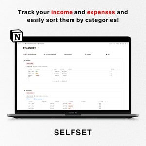 May include: A screenshot of a laptop screen showing a website with a spreadsheet for tracking income and expenses. The website is called "FINANCES" and is part of the "ETSY SHOP MANAGER" platform. The spreadsheet has columns for date, income, budget, actual, and category. The website is designed to help users track their finances and easily sort them by categories.