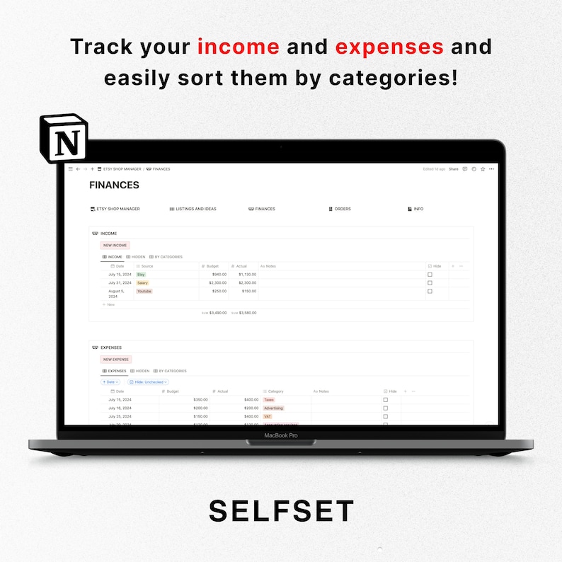 May include: A screenshot of a laptop screen showing a website with a spreadsheet for tracking income and expenses. The website is called "FINANCES" and is part of the "ETSY SHOP MANAGER" platform. The spreadsheet has columns for date, income, budget, actual, and category. The website is designed to help users track their finances and easily sort them by categories.