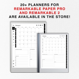 May include: Two digital planners for the Remarkable Paper Pro and Remarkable 2 tablets. The planners are open to show a monthly calendar, a to-do list, and a notes section. The text "20+ PLANNERS FOR REMARKABLE PAPER PRO AND REMARKABLE 2 ARE AVAILABLE IN THE STORE!" is displayed at the top of the image.