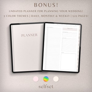 May include: A closed white planner with the word "PLANNER" printed on the front cover. The planner is open to a daily page with a time schedule from 7:00 AM to 9:00 PM. The page also includes sections for "Today's Schedule", "Top Priorities", and "Notes". The planner is part of a set that includes three color themes: pink, rainbow, and white.
