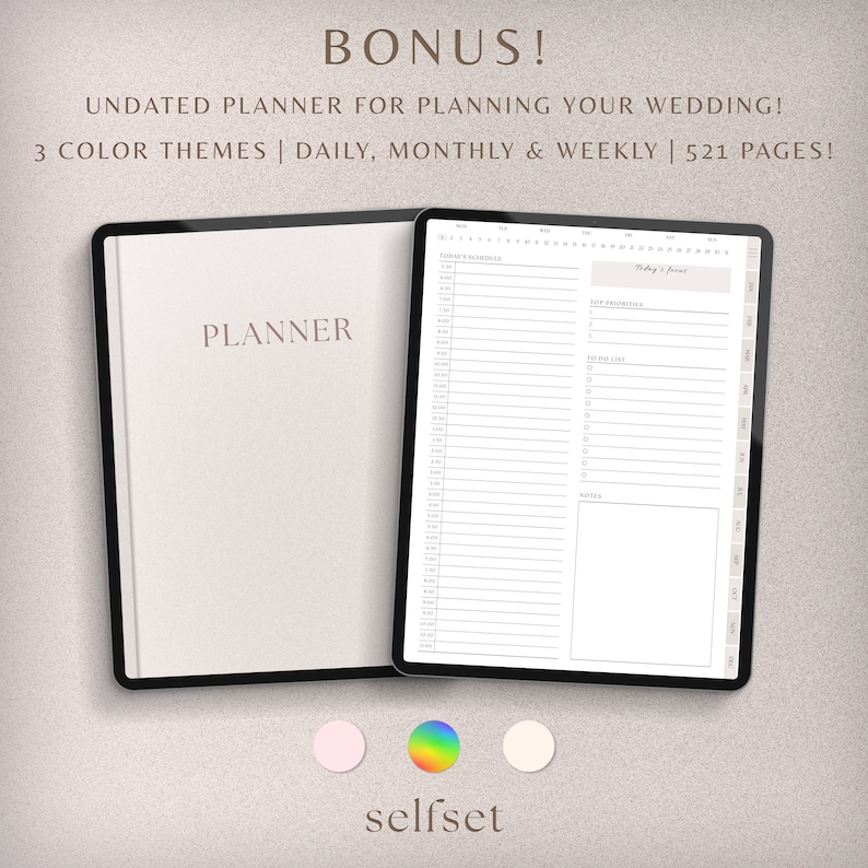 May include: A closed white planner with the word "PLANNER" printed on the front cover. The planner is open to a daily page with a time schedule from 7:00 AM to 9:00 PM. The page also includes sections for "Today's Schedule", "Top Priorities", and "Notes". The planner is part of a set that includes three color themes: pink, rainbow, and white.