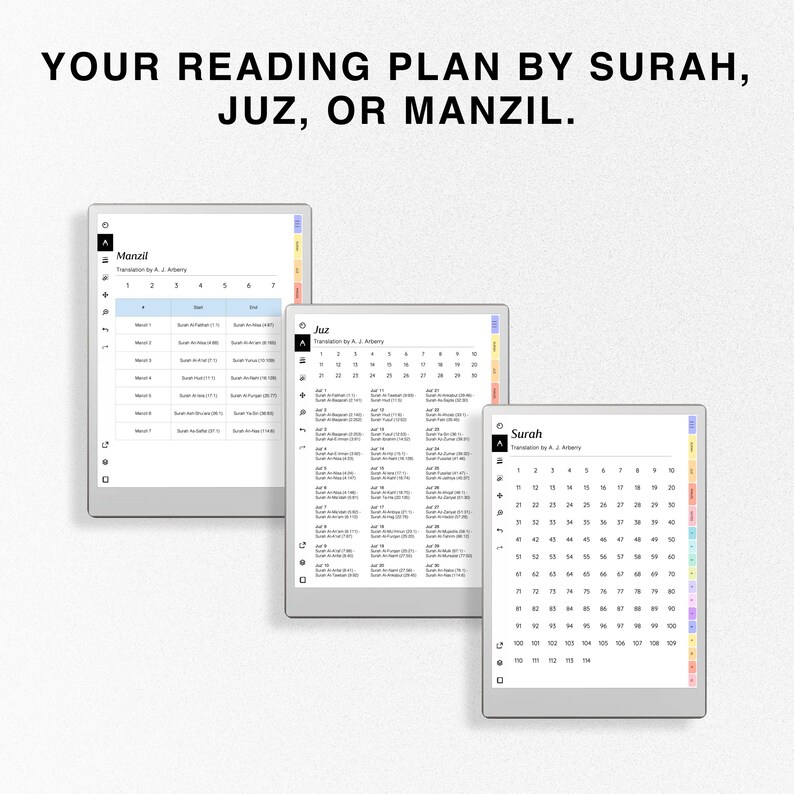 May include: A digital reading plan for the Quran, organized by Surah, Juz, and Manzil. The plan is displayed on three separate screens, each with a different color scheme.