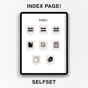 Op de afbeelding: Een digitale planner-indexpagina met pictogrammen voor secties zoals "Surah", "Juz", "Manzil", "Dankbaarheidsdagboek", "Gewoontetracker", "Leestracker", "Secties" en "Notities".