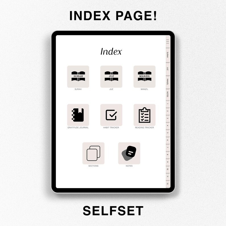 Op de afbeelding: Een digitale planner-indexpagina met pictogrammen voor secties zoals "Surah", "Juz", "Manzil", "Dankbaarheidsdagboek", "Gewoontetracker", "Leestracker", "Secties" en "Notities".
