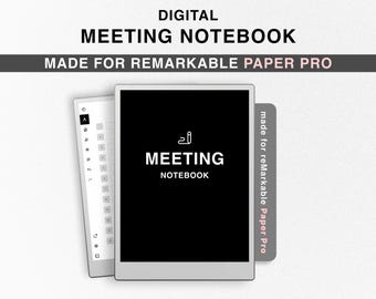 May include: A digital meeting notebook template designed for the reMarkable Paper Pro tablet. The template features a black background with the text "MEETING NOTEBOOK" in white.