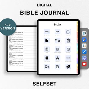 May include: Digital Bible Journal with KJV version text, an index with tabs for Old Testament, New Testament, Scripture Journal, Thoughts & Verses, Bible Reading Tracker, Notes, Prayer Journal, Member List, SOAP Bible Study, Scripture Memory, Habit Tracker, and Notes. The journal has a colorful tabbed divider.
