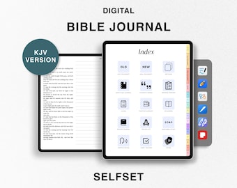 May include: Digital Bible Journal with KJV version text, an index with tabs for Old Testament, New Testament, Scripture Journal, Thoughts & Verses, Bible Reading Tracker, Notes, Prayer Journal, Member List, SOAP Bible Study, Scripture Memory, Habit Tracker, and Notes. The journal has a colorful tabbed divider.