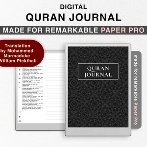 May include: A digital Quran journal with a black and white geometric pattern on the cover. The journal is made for the reMarkable Paper Pro tablet. The text on the cover reads "Quran Journal". The text on the side reads "Translation by Mohammed Marmaduke William Pickthall".