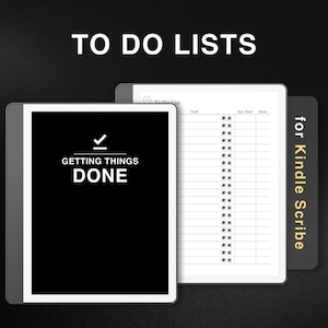 May include: Digital to-do list templates for Kindle Scribe. The image shows two digital notebooks. One has a black background with the text "Getting Things Done". The other has a white background with a to-do list layout. The text "To Do Lists" is at the top.
