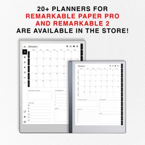 May include: Two digital planners for the Remarkable Paper Pro and Remarkable 2 tablets. The planners are open to show a monthly calendar, to-do list, and notes section. The text on the screen reads "January".