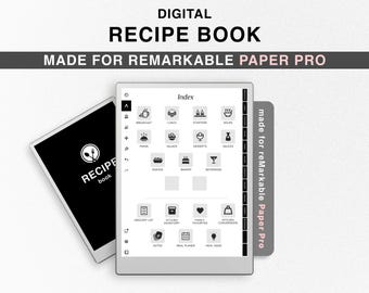 May include: A digital recipe book designed for the reMarkable Paper Pro tablet. The screen shows a table of contents with categories for breakfast, lunch, dinner, snacks, and more. The text "Index" is at the top of the screen.