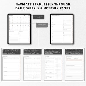May include: A digital planner with a monthly calendar, weekly planner, habit tracker, and monthly reflection pages. The planner is designed to help you navigate seamlessly through daily, weekly, and monthly pages.