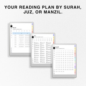 May include: A digital reading plan for the Quran, organized by Surah, Juz, and Manzil. The plan is displayed on three separate screens, each with a different color scheme.