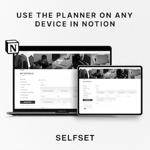 Puede incluir: Una imagen en blanco y negro que muestra un ordenador port&aacute;til y una tableta que muestran una plantilla de planificador de redes sociales en Notion. La plantilla se titula "Mis redes sociales" e incluye secciones para Instagram, TikTok, Pinterest, Facebook y YouTube. El texto "UTILIZA EL PLANIFICADOR EN CUALQUIER DISPOSITIVO EN NOTION" se muestra en la parte superior de la imagen. El texto "SELFSET" se muestra en la parte inferior de la imagen.