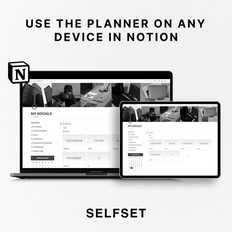 Puede incluir: Una imagen en blanco y negro que muestra un ordenador port&aacute;til y una tableta que muestran una plantilla de planificador de redes sociales en Notion. La plantilla se titula "Mis redes sociales" e incluye secciones para Instagram, TikTok, Pinterest, Facebook y YouTube. El texto "UTILIZA EL PLANIFICADOR EN CUALQUIER DISPOSITIVO EN NOTION" se muestra en la parte superior de la imagen. El texto "SELFSET" se muestra en la parte inferior de la imagen.