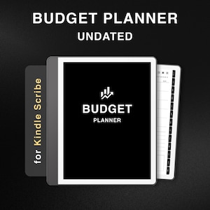 Könnte beinhalten: Ein schwarz-weißer Budgetplaner für Kindle Scribe. Das Cover zeigt die Worte "BUDGET PLANNER UNDATED" und ein Logo. Der Planer ist geöffnet, um die Innenseiten zu zeigen. Der Hintergrund ist schwarz.