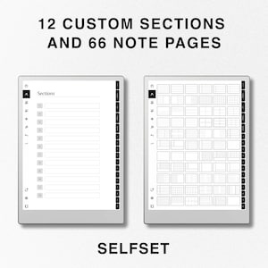 May include: A digital planner template with 12 custom sections and 66 note pages. The template is displayed on a white background.