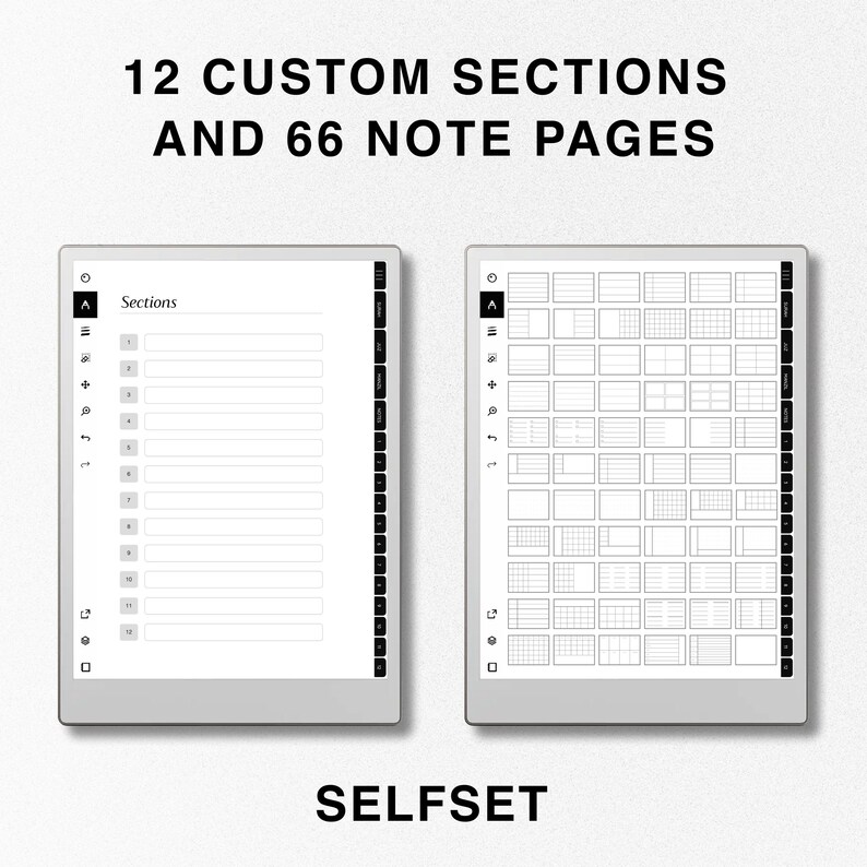 May include: A digital planner template with 12 custom sections and 66 note pages. The template is displayed on a white background.
