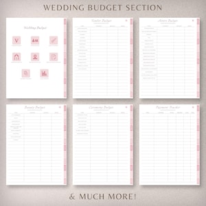 May include: A printable wedding budget planner with sections for vendor, attire, beauty, ceremony, and payment tracking. The planner has a pink and white color scheme and includes icons for each section.