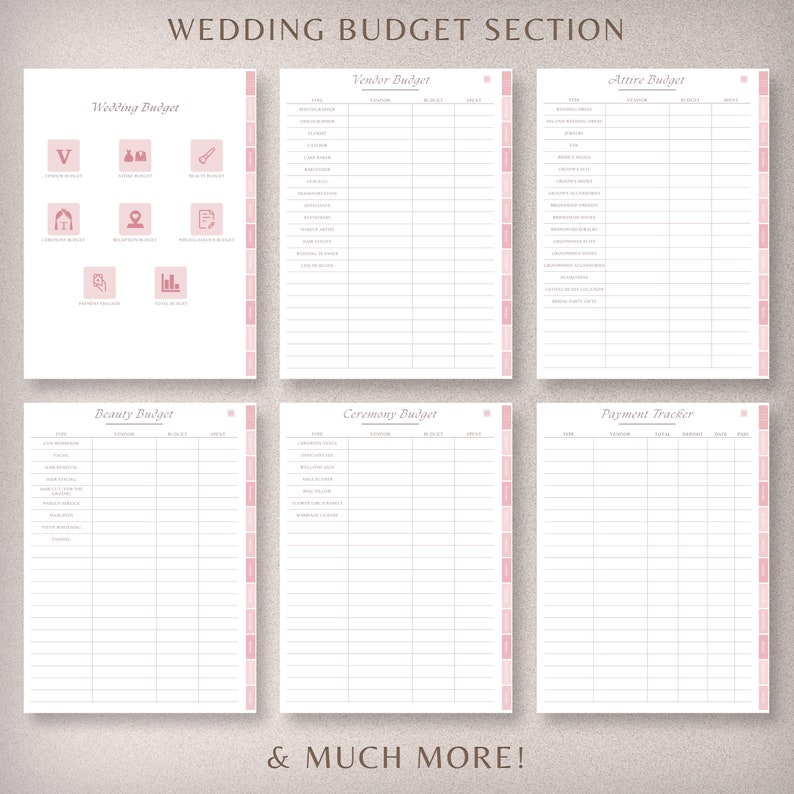 May include: A printable wedding budget planner with sections for vendor, attire, beauty, ceremony, and payment tracking. The planner has a pink and white color scheme and includes icons for each section.