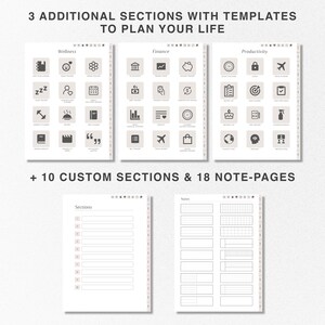 May include: A printable planner with three sections labeled "Wellness", "Finance", and "Productivity". Each section has a grid of icons representing different categories. The planner also includes 10 custom sections and 18 note pages.