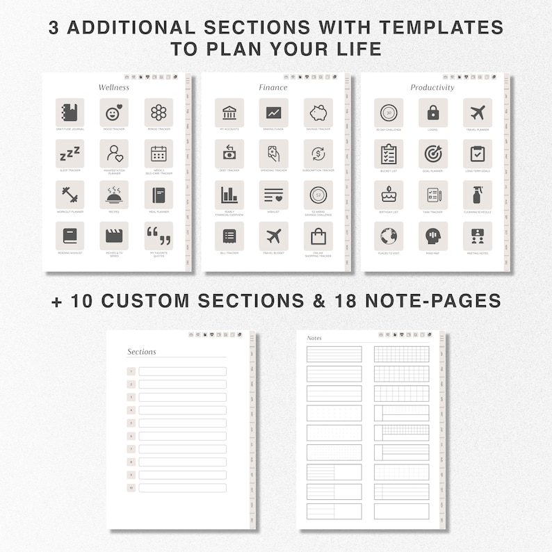 May include: A printable planner with three sections labeled "Wellness", "Finance", and "Productivity". Each section has a grid of icons representing different categories. The planner also includes 10 custom sections and 18 note pages.