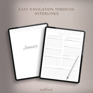 May include: A digital planner with a calendar view for the year and a daily planner page for January. The daily planner page includes sections for sleep, gratitude, meals, things to do, steps, self-care, and reflections. The planner is designed for easy navigation through hyperlinks.