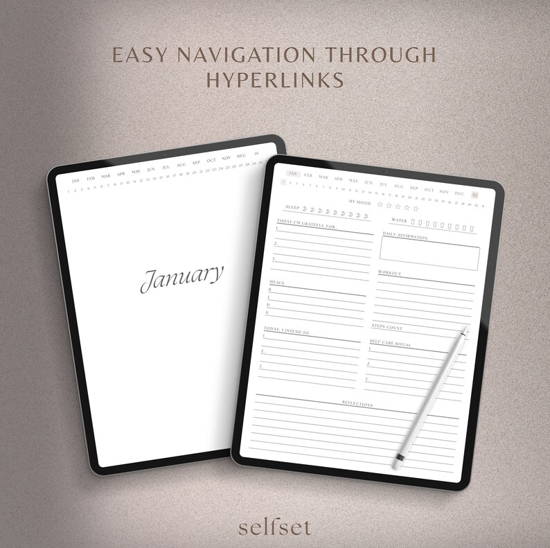 May include: A digital planner with a calendar view for the year and a daily planner page for January. The daily planner page includes sections for sleep, gratitude, meals, things to do, steps, self-care, and reflections. The planner is designed for easy navigation through hyperlinks.