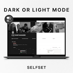 May include: A laptop computer screen displaying a website called "Etsy Shop Manager". The website has a dark mode interface with a calendar, planner, and other features. The screen is split into two sections, one dark and one light, with a toggle switch to switch between the two modes.