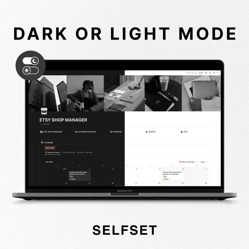 May include: A laptop computer screen displaying a website called "Etsy Shop Manager". The website has a dark mode interface with a calendar, planner, and other features. The screen is split into two sections, one dark and one light, with a toggle switch to switch between the two modes.