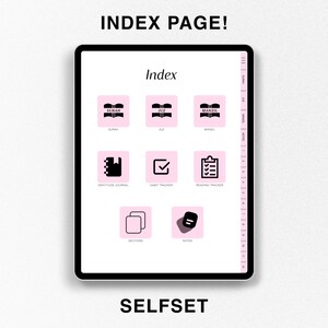 Peut inclure: Une page d'index de planificateur num&eacute;rique avec des ic&ocirc;nes roses et noires pour des sections telles que "Surah", "Juz", "Manzil", "Journal de gratitude", "Suivi des habitudes", "Suivi de la lecture", "Sections" et "Notes". Les textes "Index" et "SELFSET" sont &eacute;galement visibles.