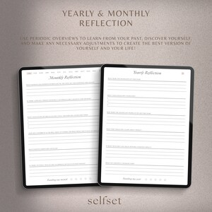 May include: A digital planner with a white background and black text. The planner is divided into two sections: "Yearly Reflection" and "Monthly Reflection". The planner includes prompts for reflection on the past year and month, such as "What were the highlights of this year?" and "What moments or experiences brought me the most joy and happiness this month?"