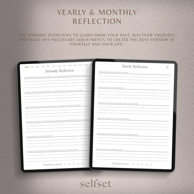 May include: A digital planner with a white background and black text. The planner is divided into two sections: "Yearly Reflection" and "Monthly Reflection". The planner includes prompts for reflection on the past year and month, such as "What were the highlights of this year?" and "What moments or experiences brought me the most joy and happiness this month?"