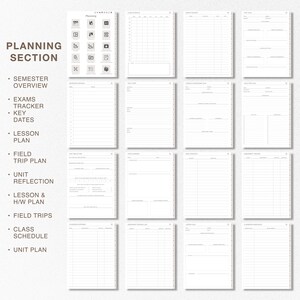 May include: A black and white printable planner with a section for planning each semester, exams, key dates, lesson plans, field trips, unit reflections, lesson and homework plans, field trips, class schedules, and unit plans.