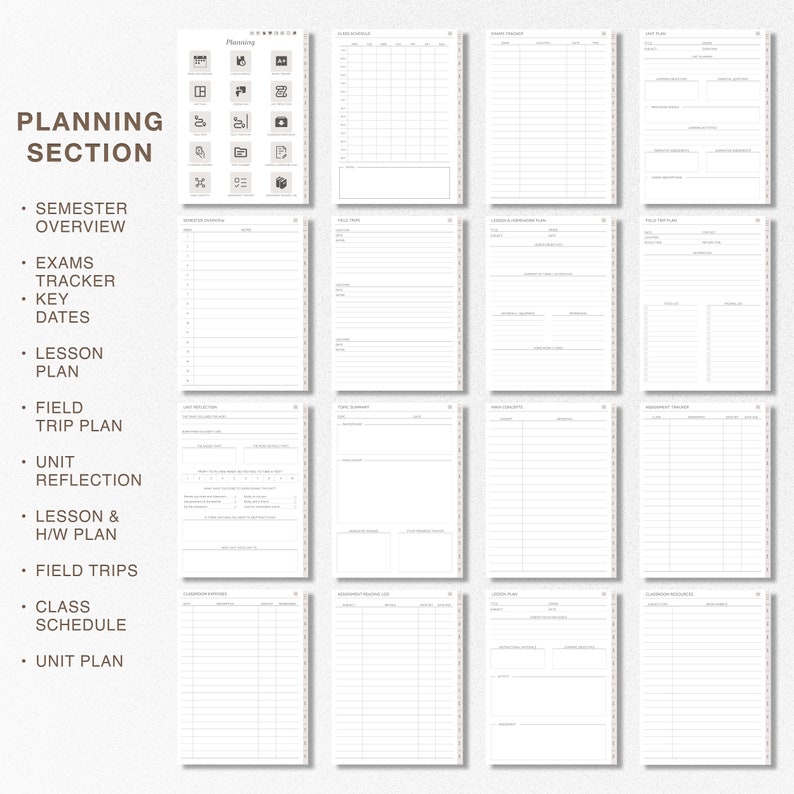 May include: A black and white printable planner with a section for planning each semester, exams, key dates, lesson plans, field trips, unit reflections, lesson and homework plans, field trips, class schedules, and unit plans.