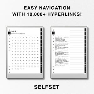 May include: A black and white image of a digital e-reader with a screen displaying a table of numbers labeled "Surah" and a translation by Abdullah Yusuf Ali. The e-reader has a navigation bar with icons for "A", "B", and "C". The text "EASY NAVIGATION WITH 10,000+ HYPERLINKS!" is displayed above the e-reader.