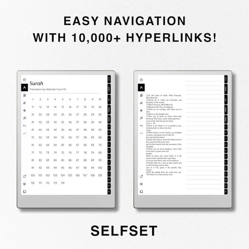 May include: A black and white image of a digital e-reader with a screen displaying a table of numbers labeled "Surah" and a translation by Abdullah Yusuf Ali. The e-reader has a navigation bar with icons for "A", "B", and "C". The text "EASY NAVIGATION WITH 10,000+ HYPERLINKS!" is displayed above the e-reader.