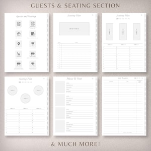 May include: A printable wedding planning checklist with sections for guests and seating, seating plan, places to visit, and gift tracker. The checklist includes tables for guests and seating arrangements, a seating plan with a head table, and a gift tracker with columns for guest name, date, and gift.