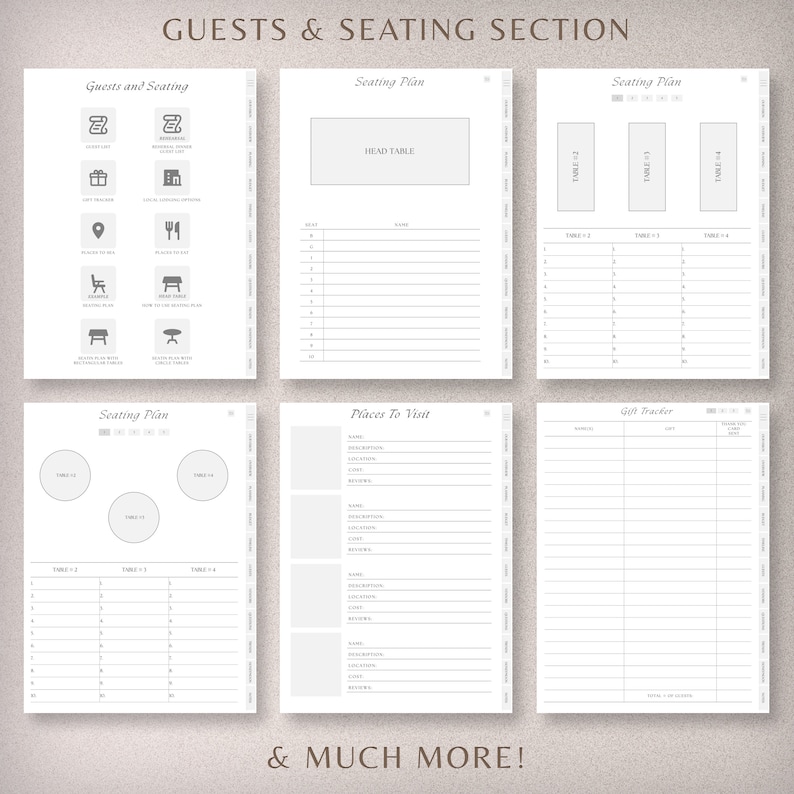May include: A printable wedding planning checklist with sections for guests and seating, seating plan, places to visit, and gift tracker. The checklist includes tables for guests and seating arrangements, a seating plan with a head table, and a gift tracker with columns for guest name, date, and gift.