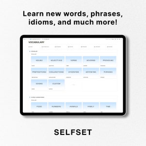 May include: Screenshot of a computer screen showing a website for learning vocabulary. The website is called "Selfset" and has a blue and white color scheme. The website has a grid of categories for learning vocabulary, including nouns, adjectives, verbs, adverbs, pronouns, prepositions, conjunctions, synonyms, antonyms, phrases, idioms, and custom. There is also a section for 100 most common words, with categories for food, numbers, animals, family, and time.