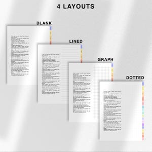 May include: Four different layouts of printable planner pages. The pages are blank, lined, graph, and dotted. Each page has a colorful vertical column on the right side with a rainbow of colors.