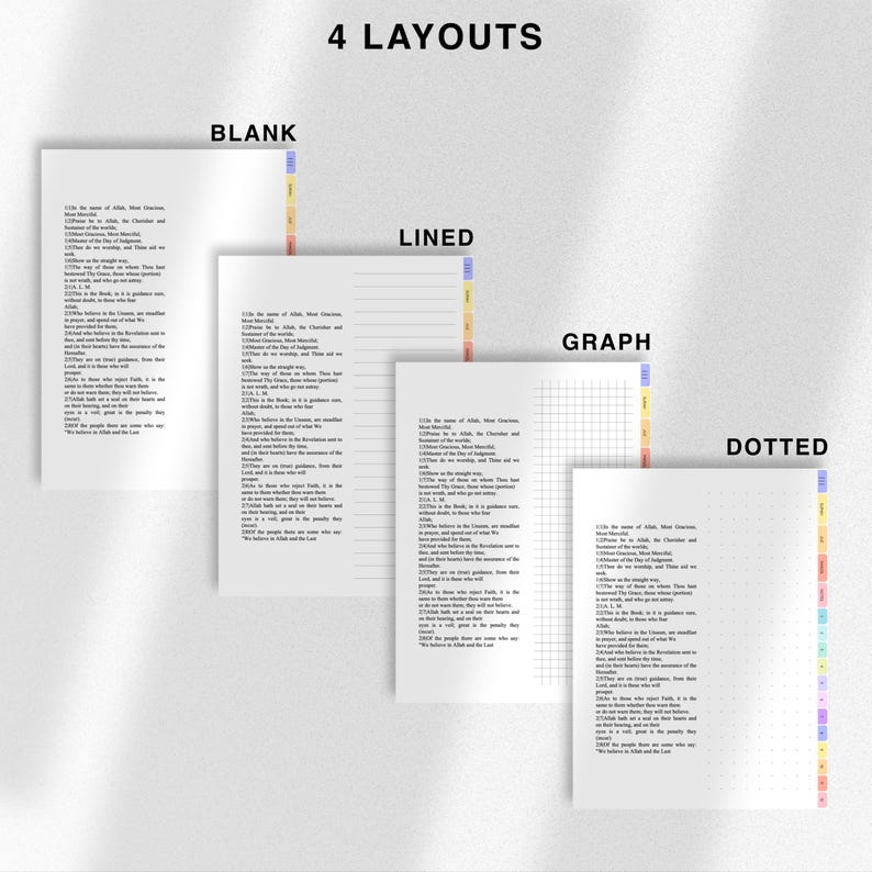 May include: Four different layouts of printable planner pages. The pages are blank, lined, graph, and dotted. Each page has a colorful vertical column on the right side with a rainbow of colors.