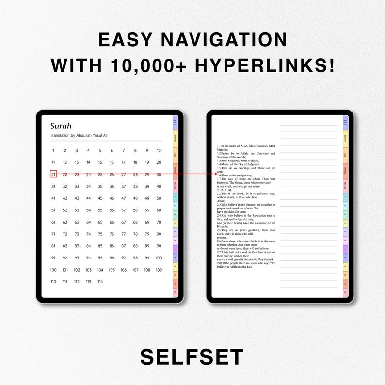 May include: Two digital tablets displaying text and numbers. The left tablet shows a numbered list with the word "Surah" at the top. The right tablet displays text. The image includes the text "EASY NAVIGATION WITH 10,000+ HYPERLINKS!" and "SELFSET".